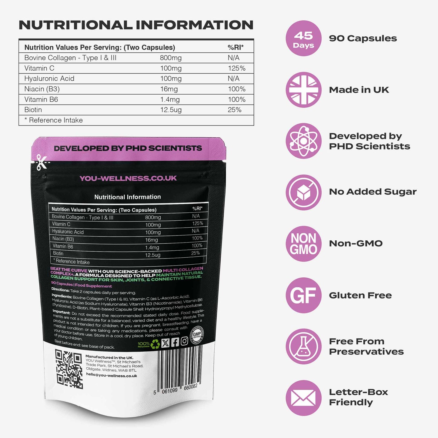Supplement package with nutritional information and product details on a white background