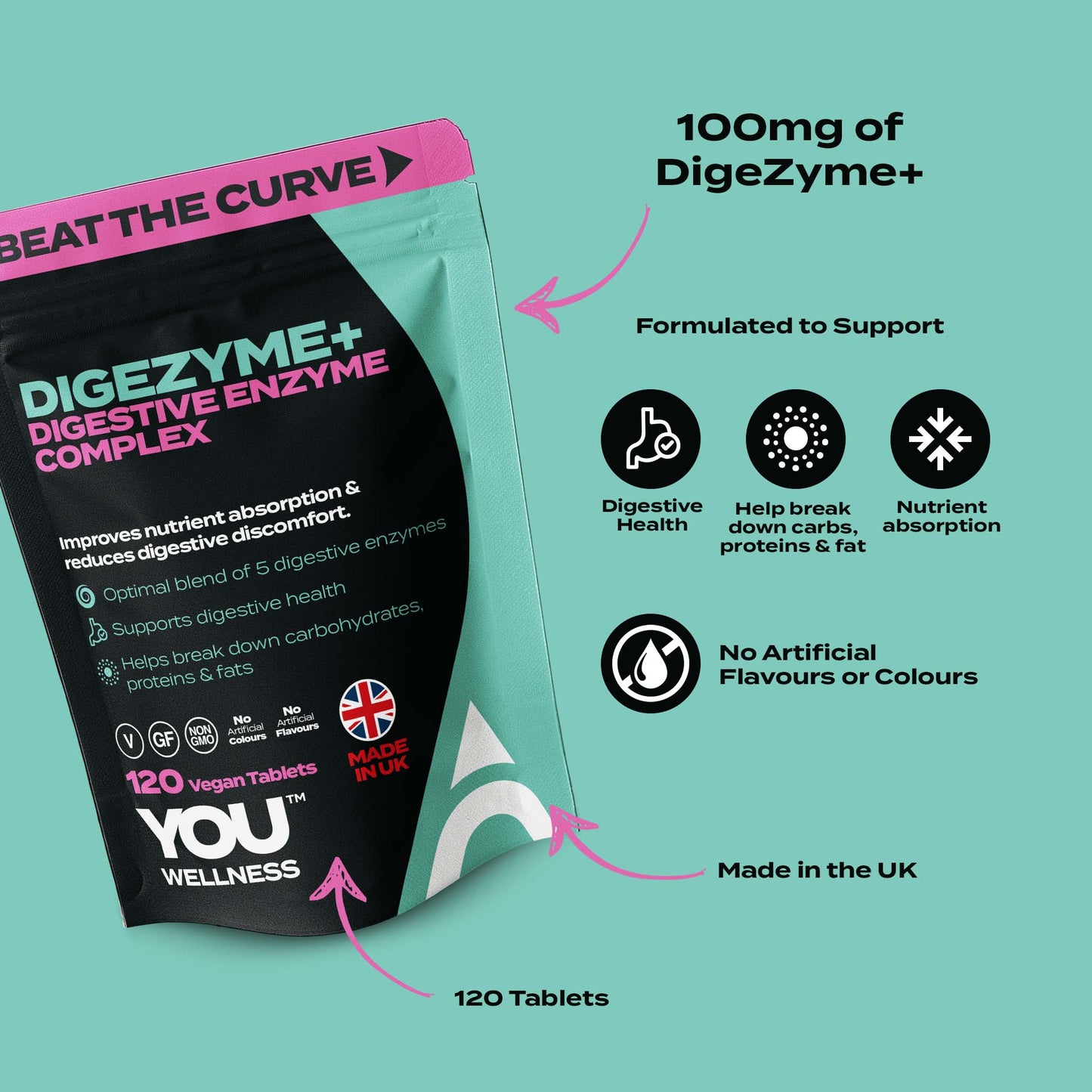 YOU WELLNESS™ DigeZyme+ Digestive Enzyme Complex | 120 Vegan Tablets | UK‑Made | Clean & Simple Formula