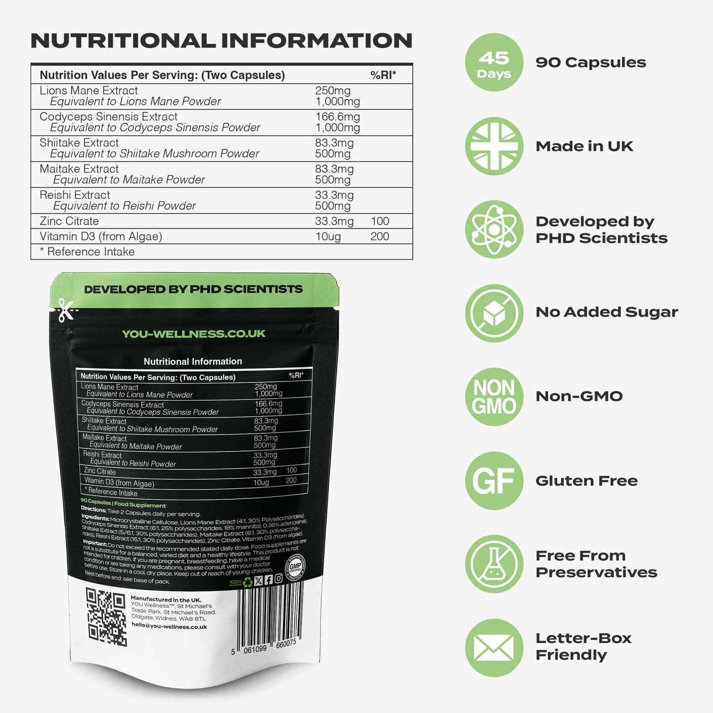 YOU WELLNESS™ Mushroom Complex+ | 5‑Mushroom Blend with D3 & Zinc | 90 Vegan Capsules | UK‑Made