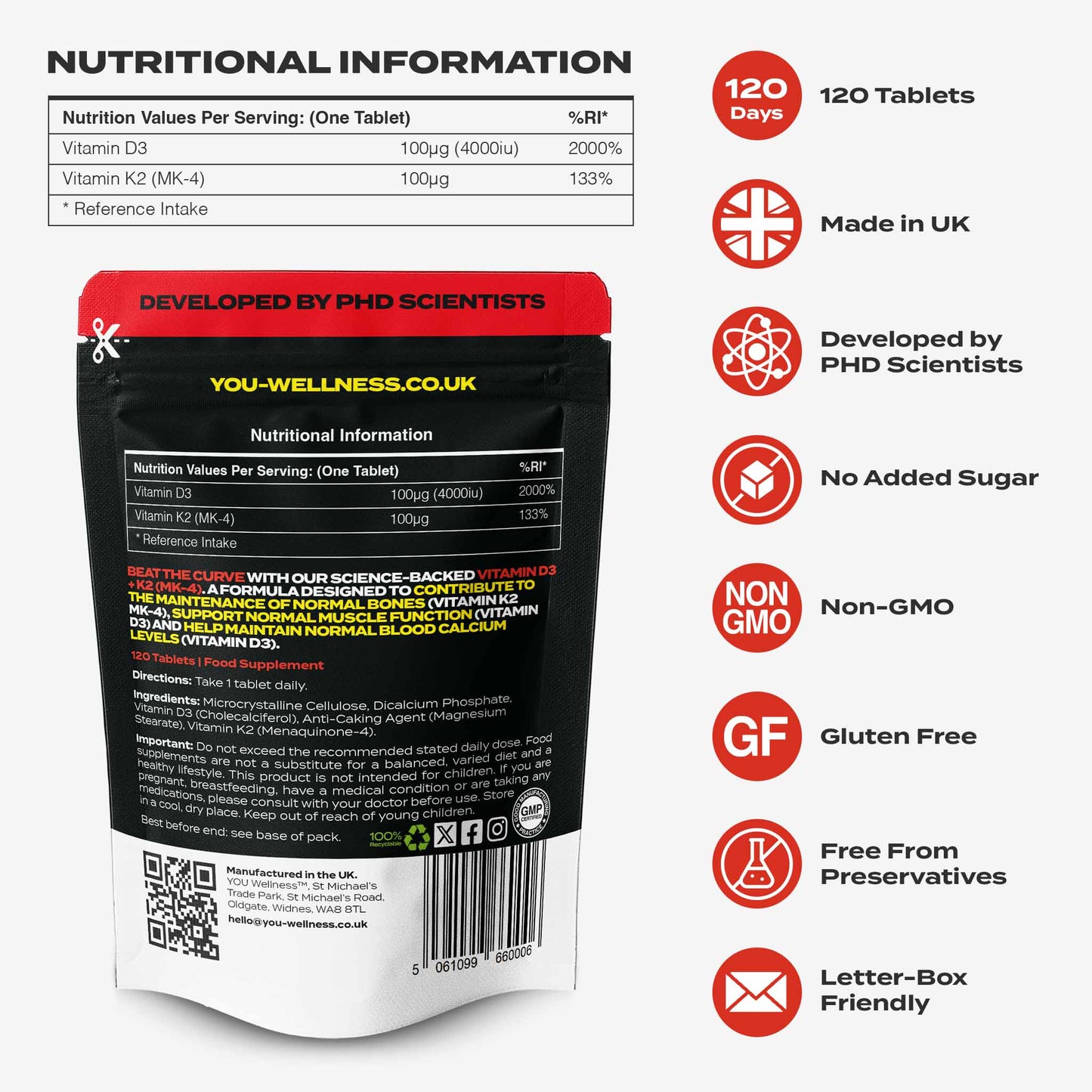 YOU WELLNESS™ Vitamin D3 + K2 (MK‑4) | 120 Tablets | UK‑Made Clean Formula