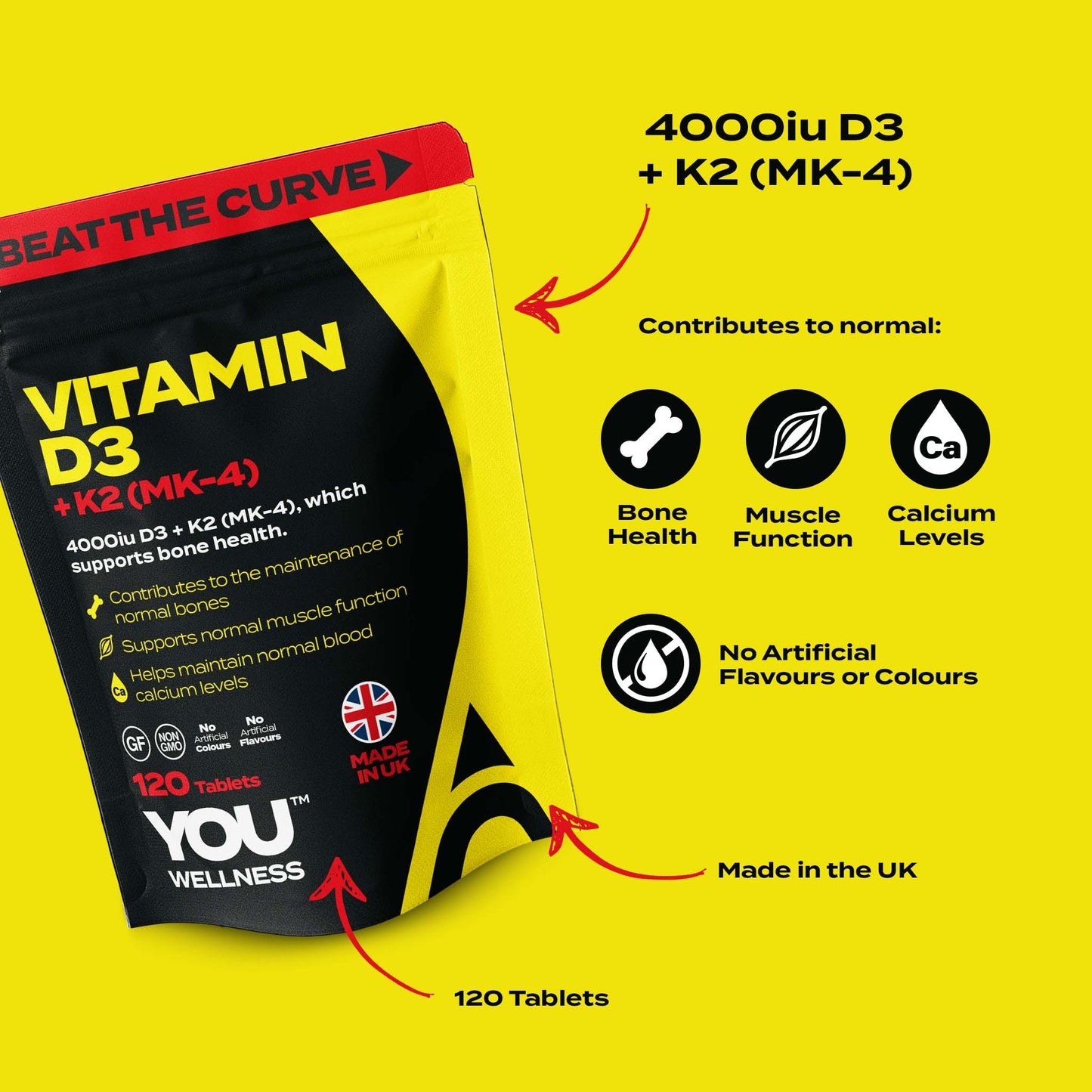 YOU WELLNESS™ Vitamin D3 + K2 (MK‑4) | 120 Tablets | UK‑Made Clean Formula