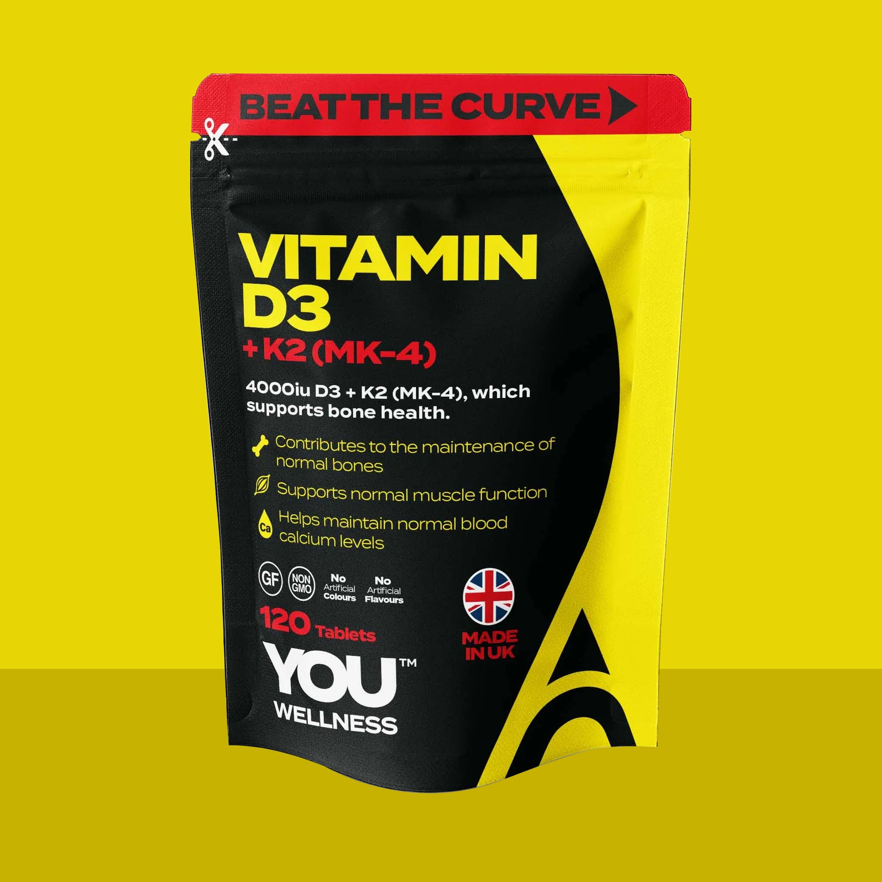 Vitamin D3 + K2 (MK-4) supplement package with 'YOU Wellness' branding