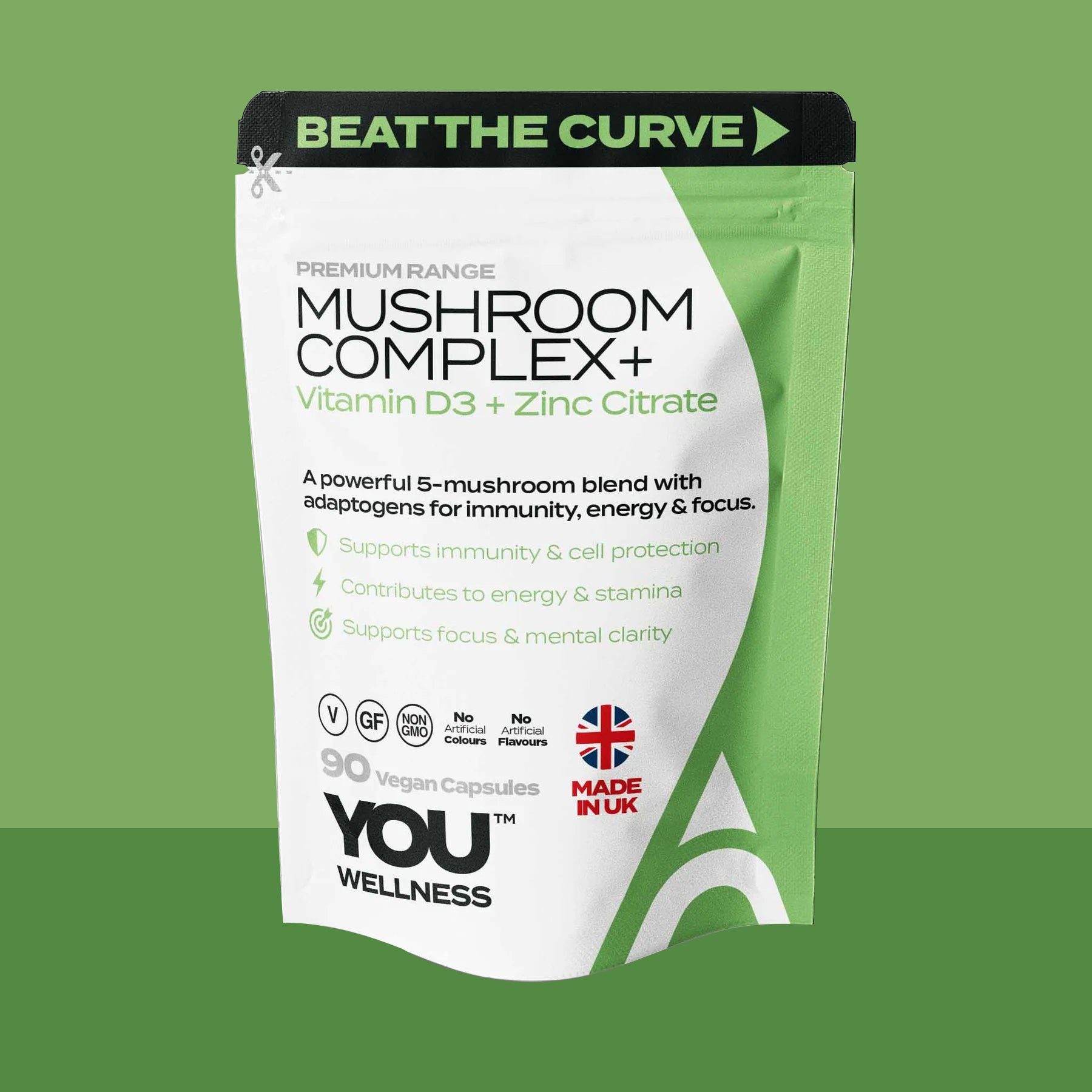 YOU WELLNESS™ Mushroom Complex+ | 5‑Mushroom Blend with D3 & Zinc | 90 Vegan Capsules | UK‑Made