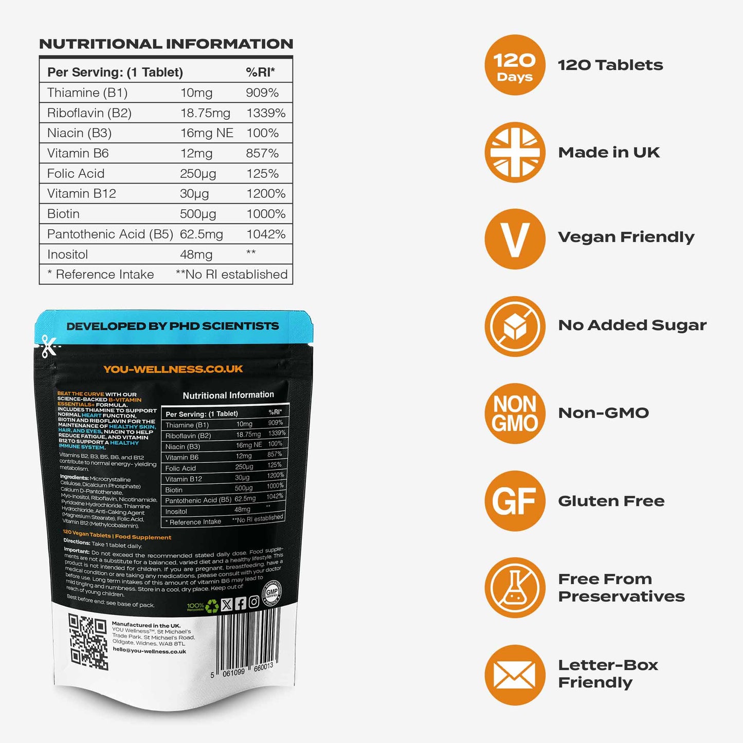 YOU WELLNESS™ B‑Vitamin Power Essentials+ | High‑Strength B‑Complex | 120 Vegan Tablets | UK‑Made