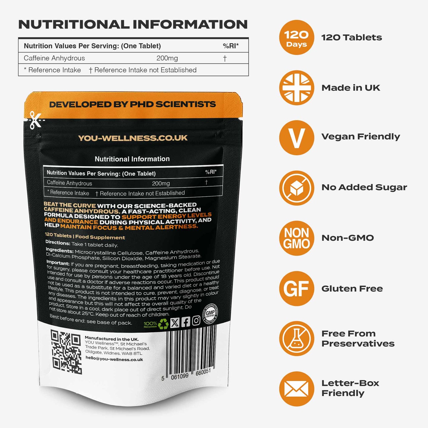 YOU WELLNESS™ Caffeine+ | 120 Vegan Tablets | UK‑Made Clean Energy Formula