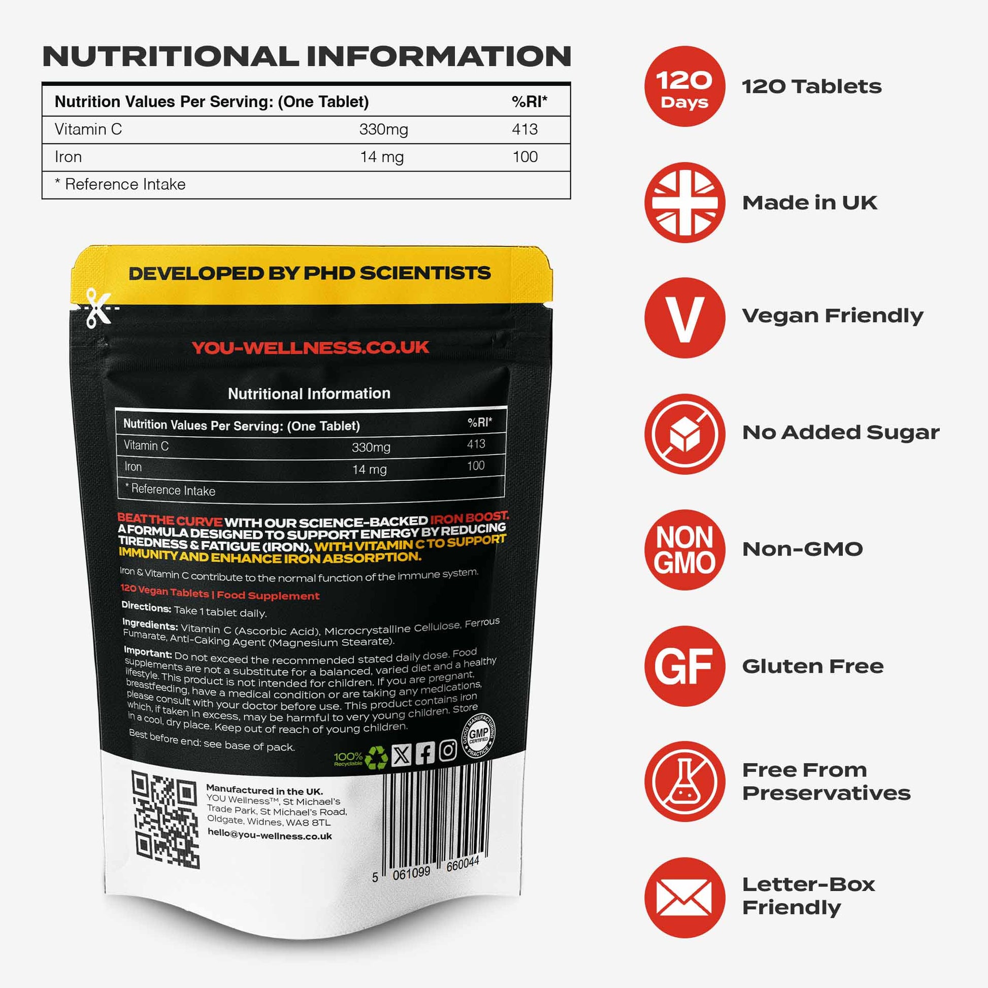 YOU WELLNESS™ Iron &amp; Vitamin C | 120 Vegan Tablets | UK Made