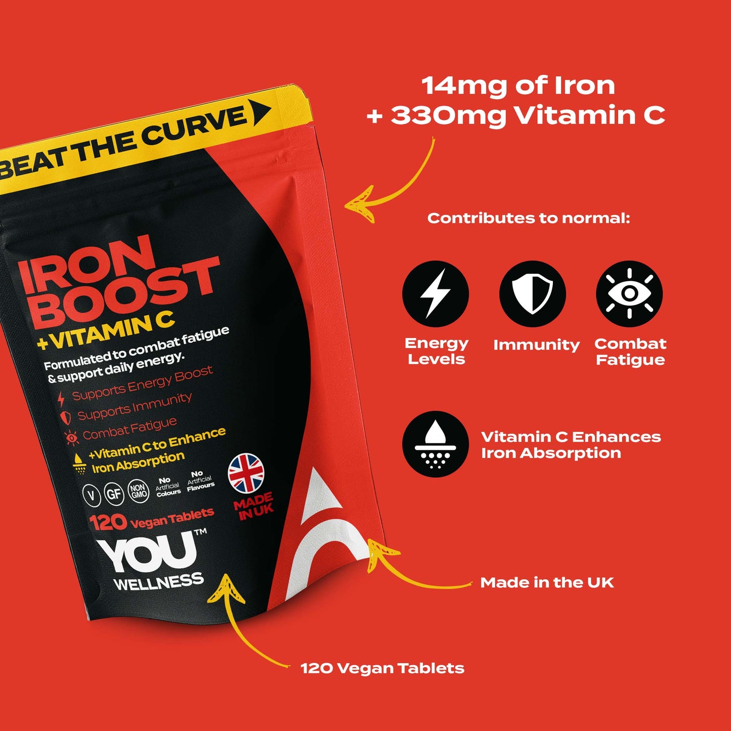 YOU WELLNESS™ Iron + Vitamin C | 120 Vegan Tablets | UK‑Made