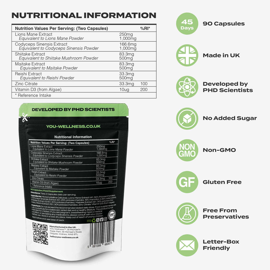 YOU WELLNESS™ Mushroom Complex + D3 &amp; Zinc  90 Vegan Capsules | UK Made |