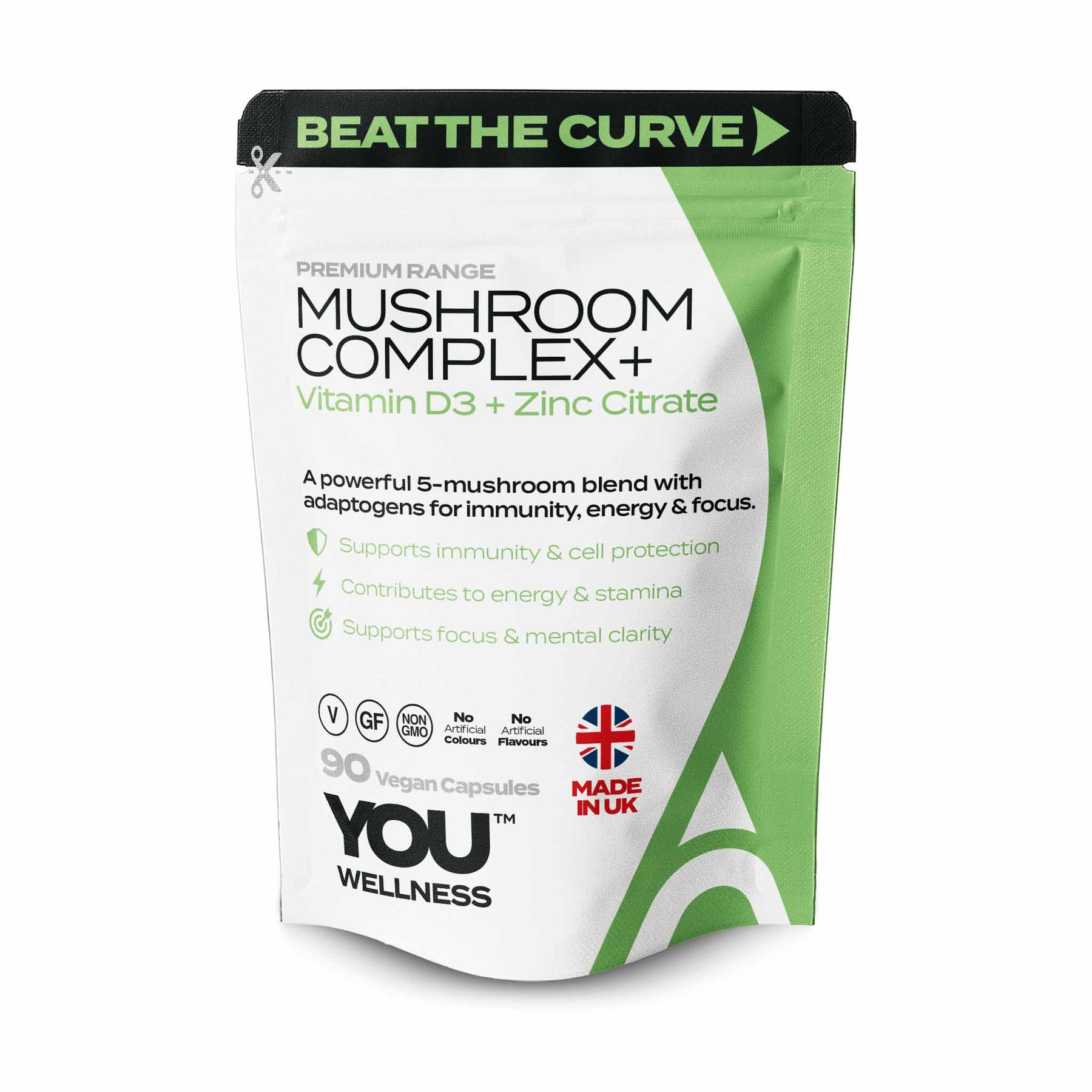 YOU WELLNESS™ Mushroom Complex+ | 5‑Mushroom Blend with D3 & Zinc | 90 Vegan Capsules | UK‑Made