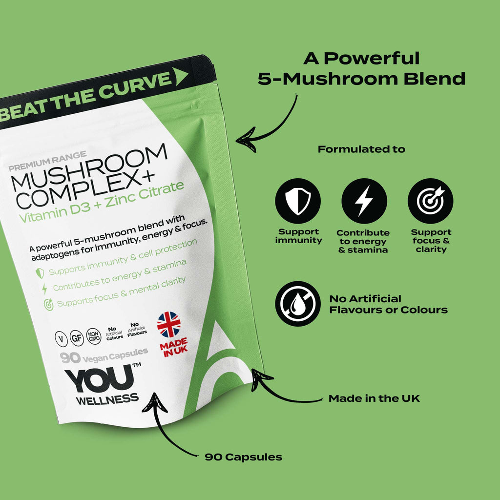 YOU WELLNESS™ Mushroom Complex + D3 &amp; Zinc  90 Vegan Capsules | UK Made |