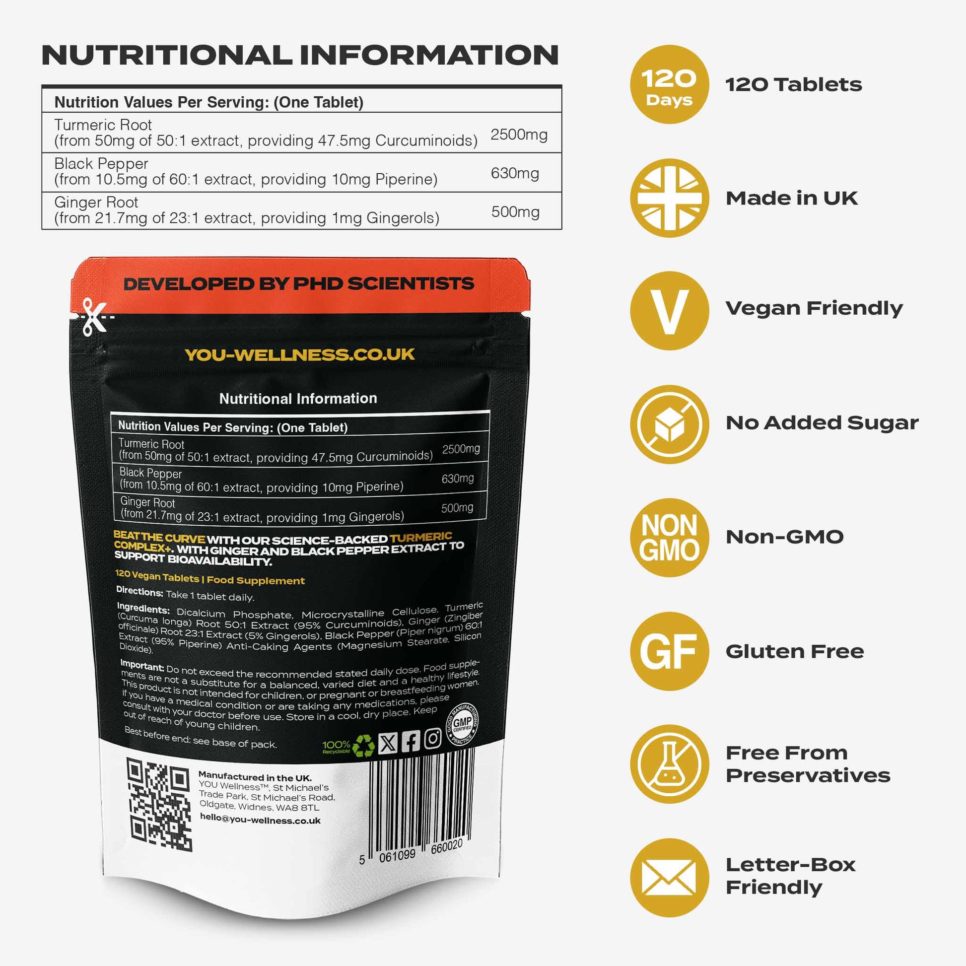 YOU WELLNESS™ Turmeric Complex+ + Black Pepper &amp; Ginger | 120 Vegan Tablets | UK Made