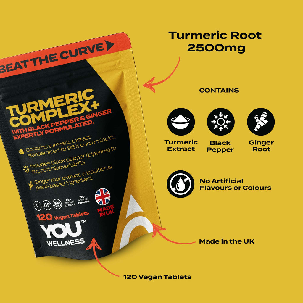 YOU WELLNESS™ Turmeric Complex+ + Black Pepper &amp; Ginger | 120 Vegan Tablets | UK Made