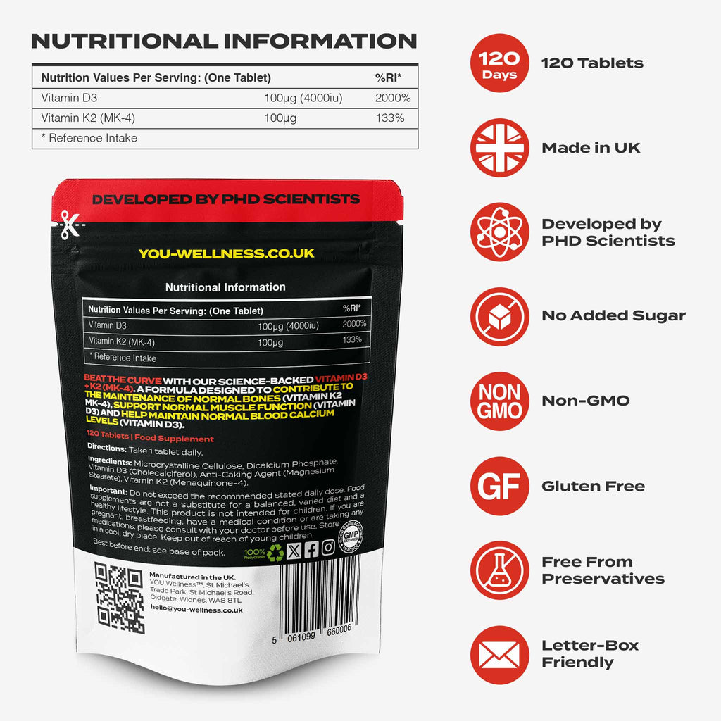YOU WELLNESS™ Vitamin D3 + K2 (MK-4) | 120 Vegan Tablets | UK Made