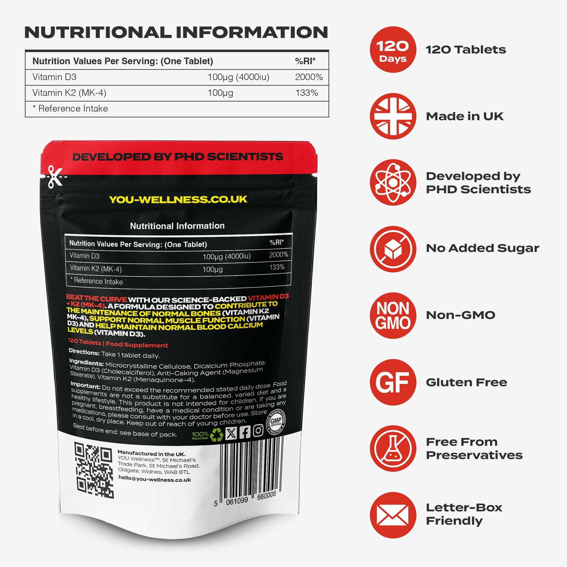 YOU WELLNESS™ Vitamin D3 + K2 (MK-4) | 120 Vegan Tablets | UK Made