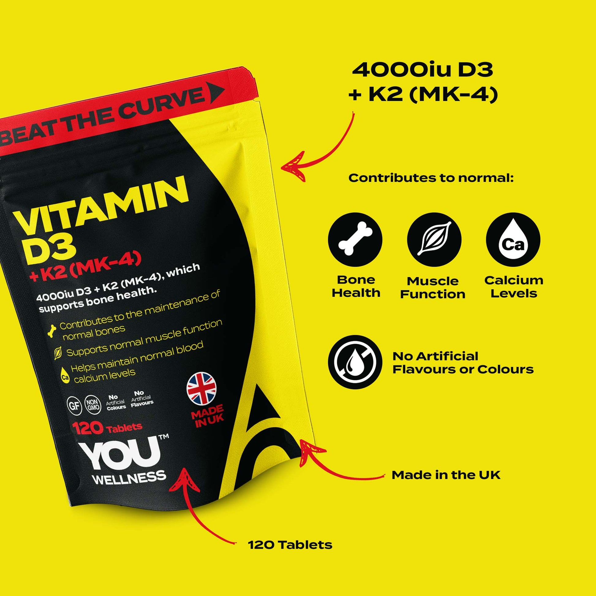 YOU WELLNESS™ Vitamin D3 + K2 (MK-4) | 120 Vegan Tablets | UK Made