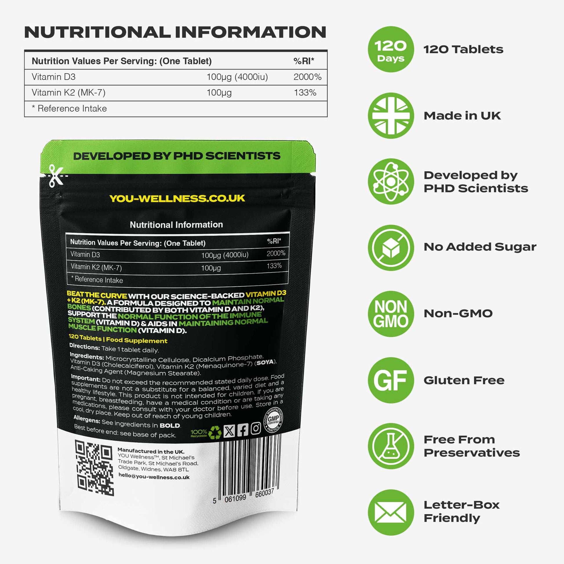 Vitamin D3 + K2 (MK-7) | 120 Vegan Tablets | UK Made