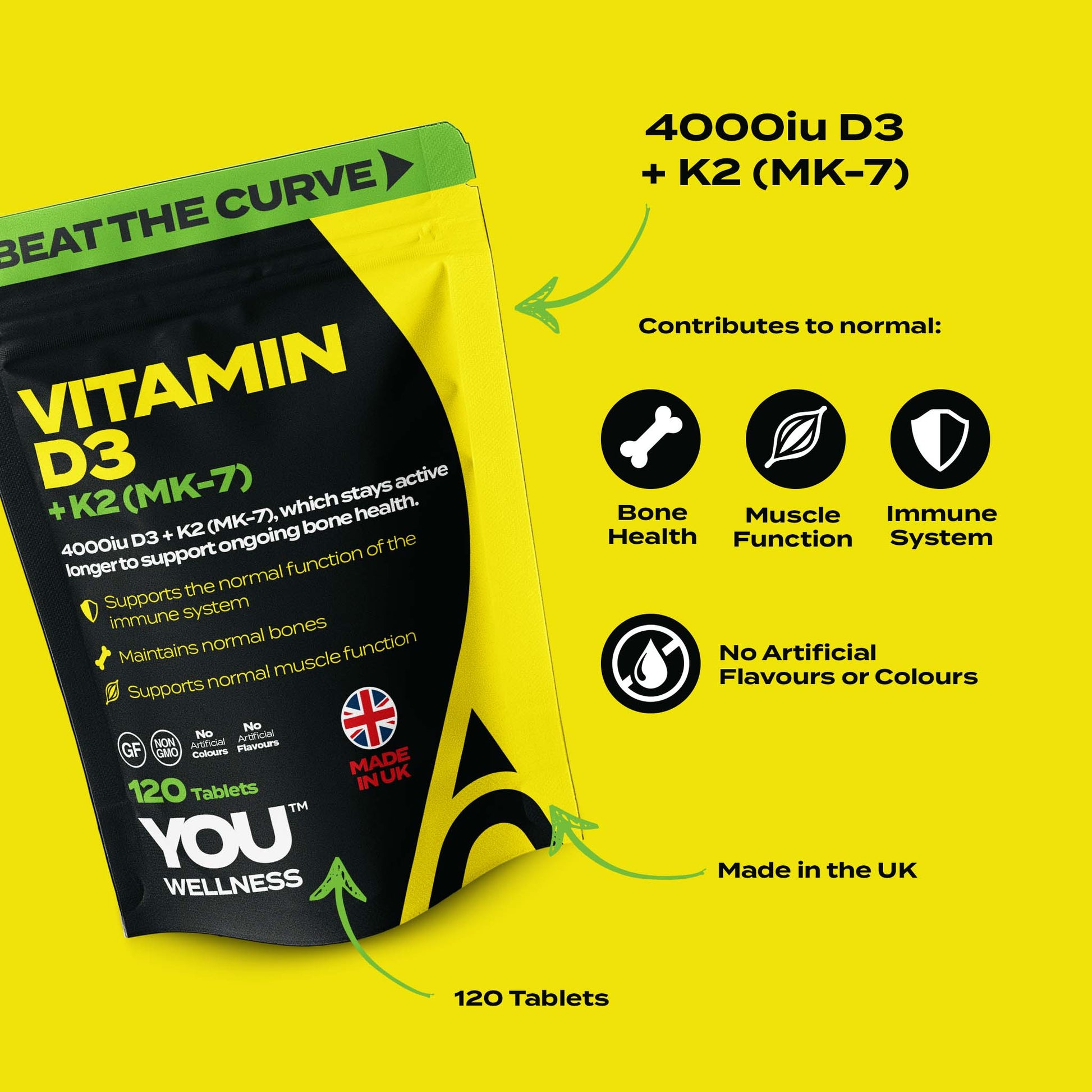 Vitamin D3 + K2 (MK-7) | 120 Vegan Tablets | UK Made