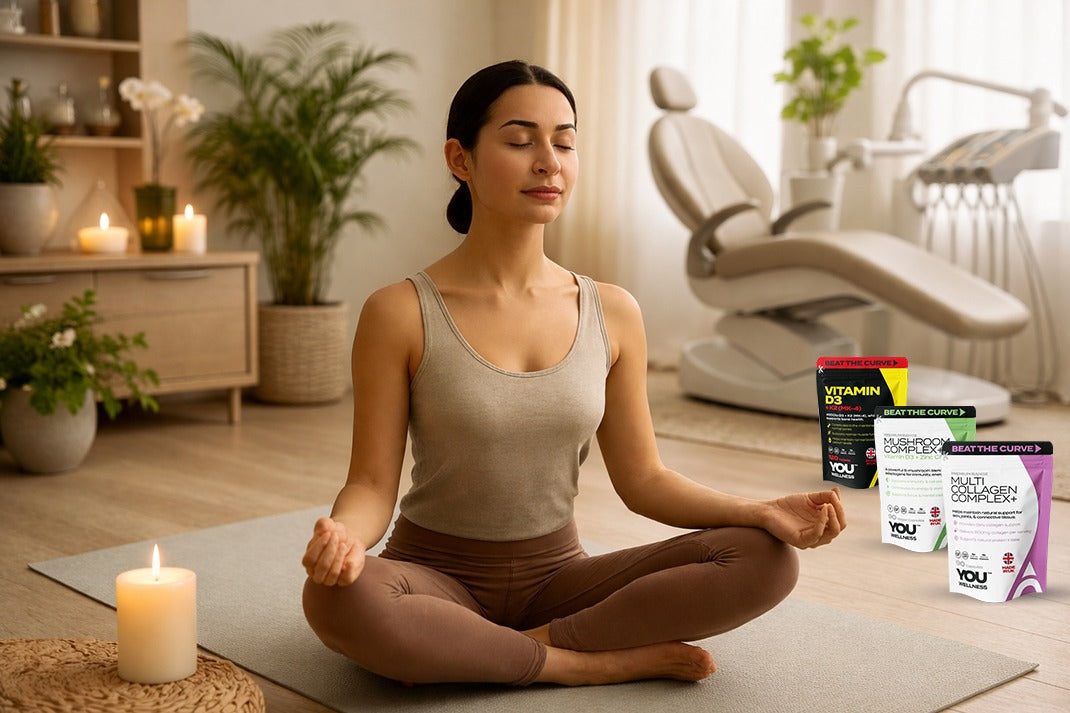 Woman meditating in a room with You Wellness daily supplements